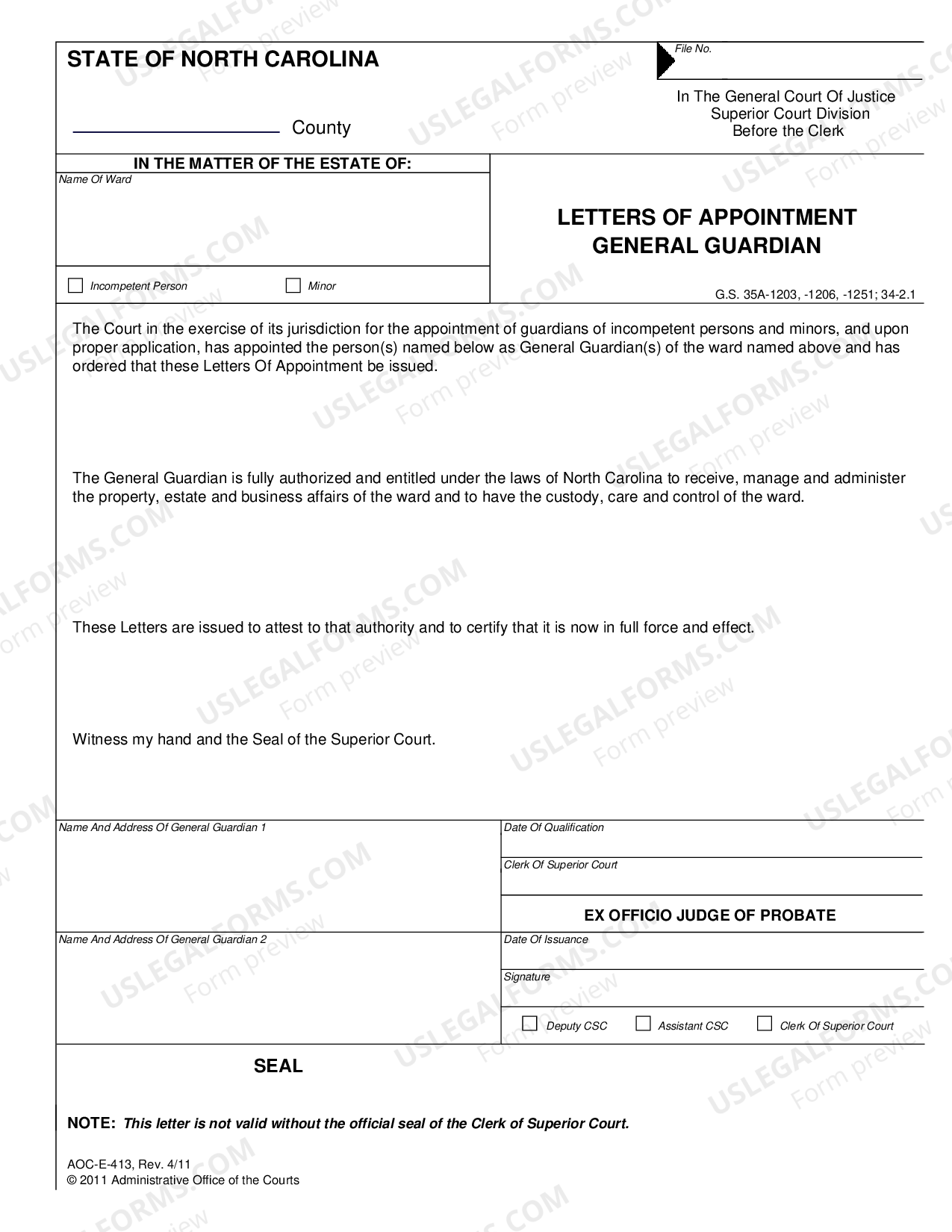 North Carolina Letters of Appointment General Guardian - General ...