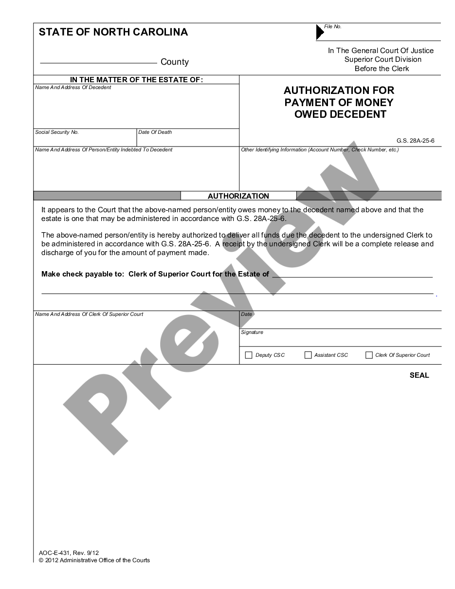 form Authorization Payment for Money Owed Decedent preview