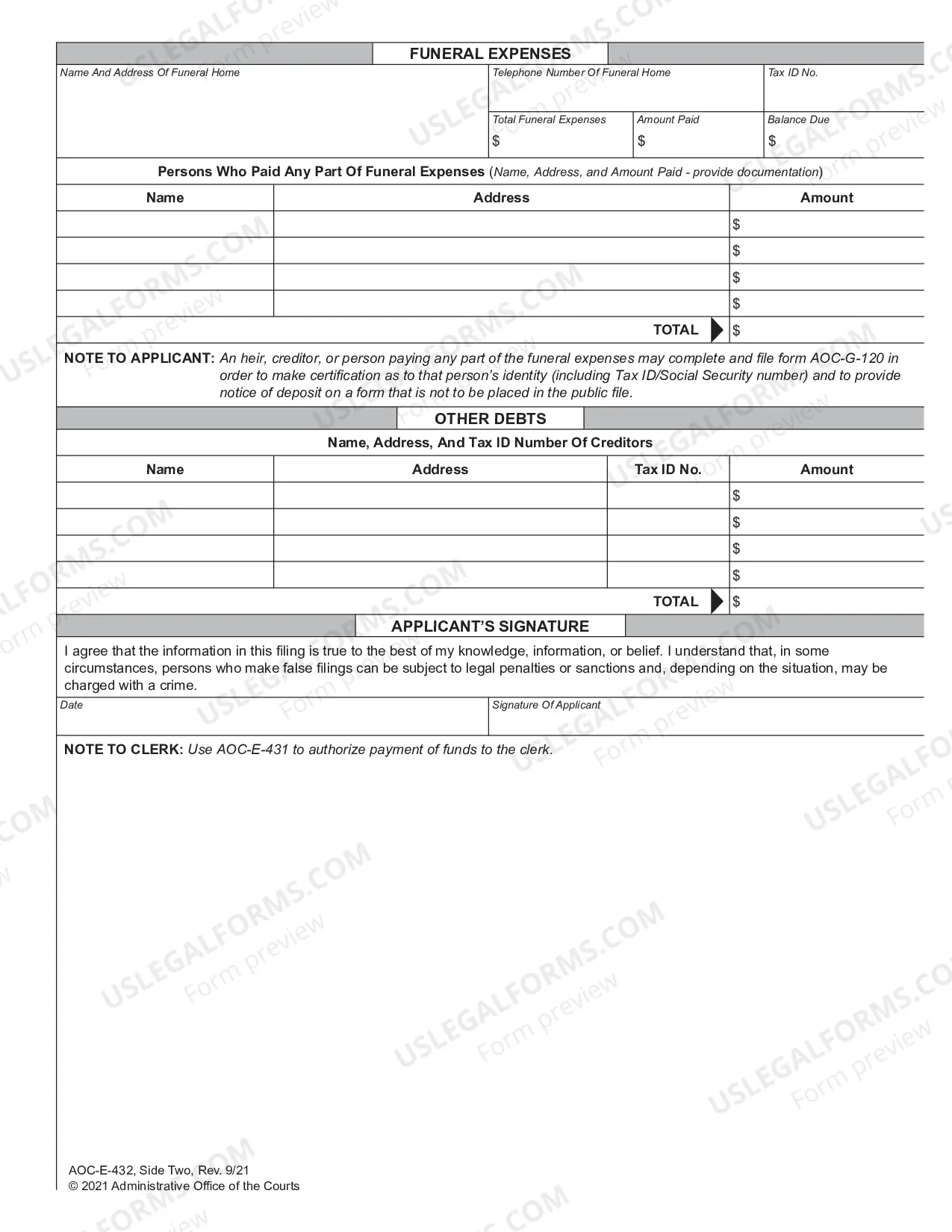 Preview Application For Administration of Payment to Clerk