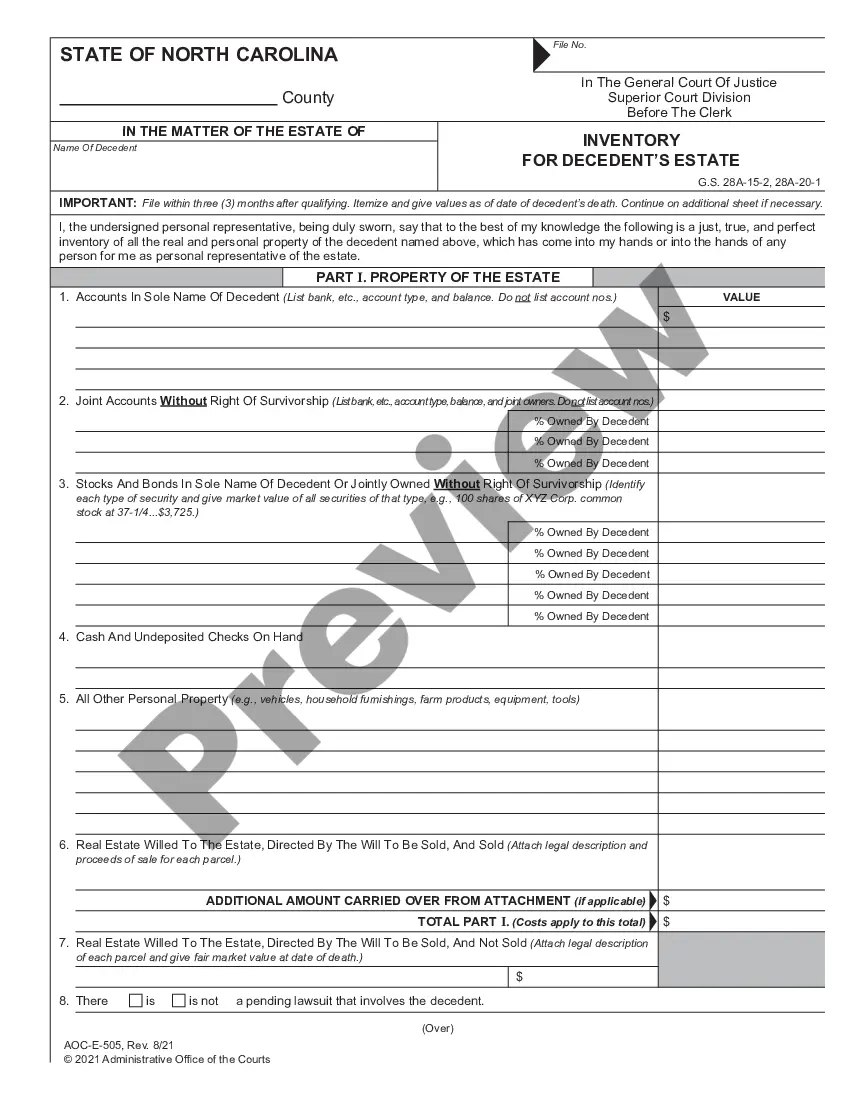 North Carolina Inventory For Decedents Estate Sample Probate Inventory List Us Legal Forms 9324