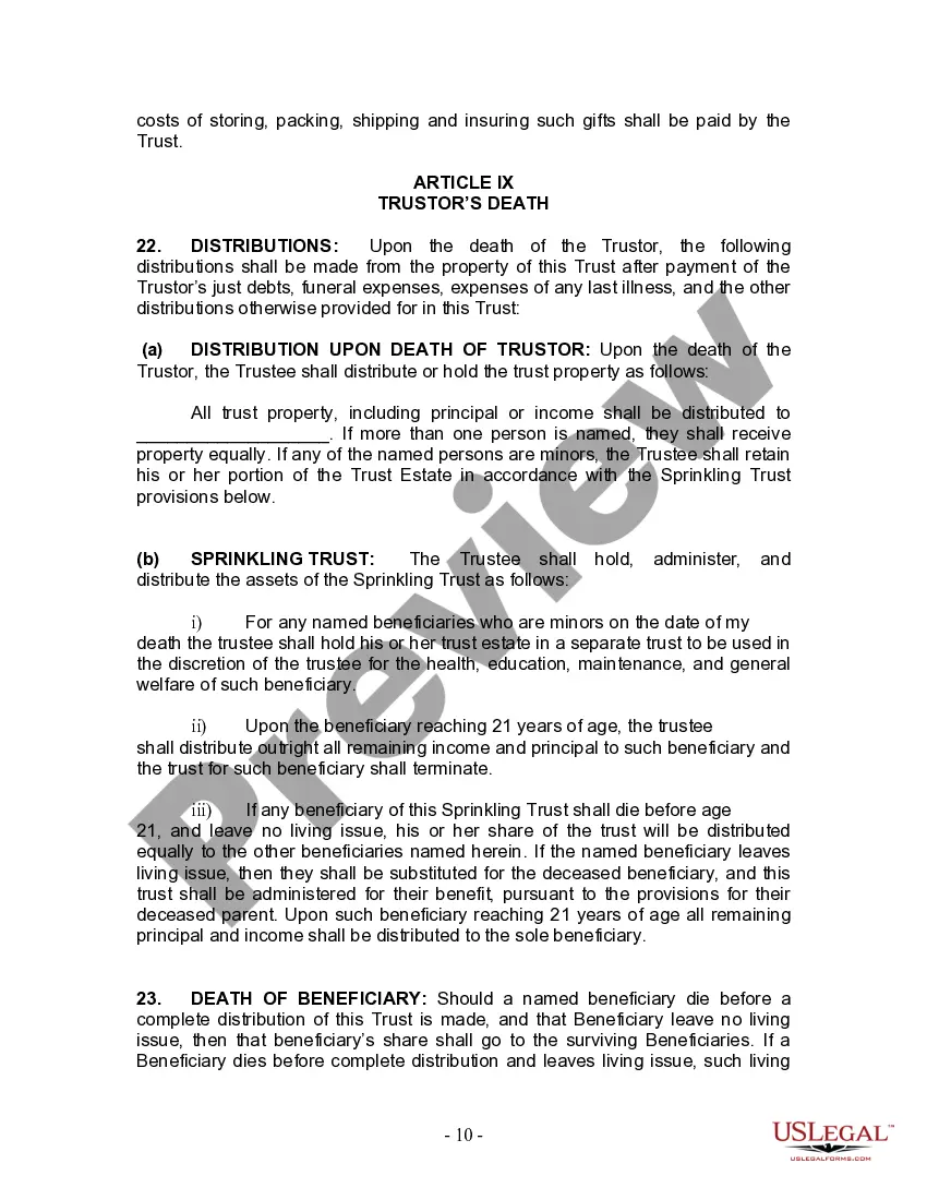 Preview Living Trust for Individual Who is Single, Divorced or Widow or Widower with No Children