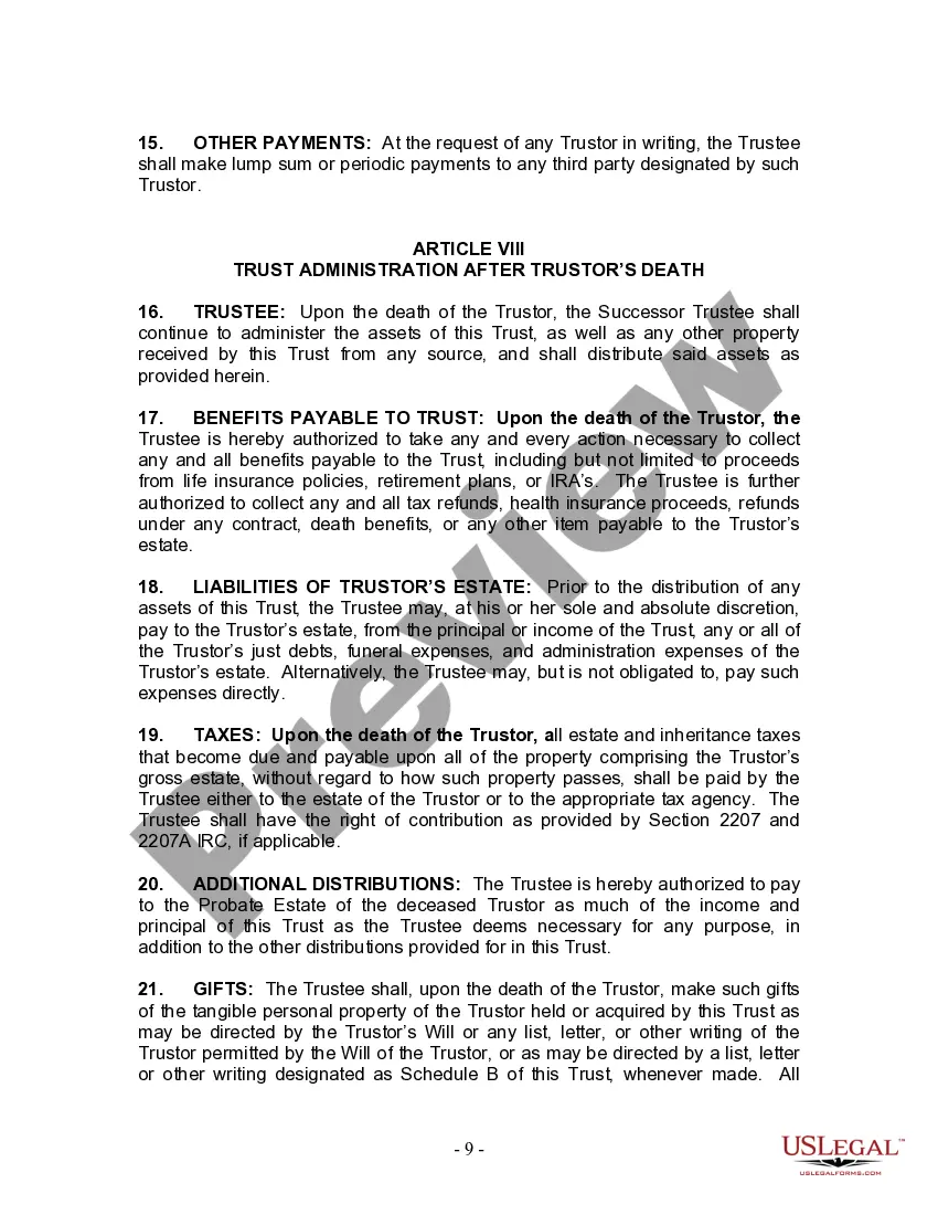 Preview Living Trust for Individual Who is Single, Divorced or Widow or Widower with No Children