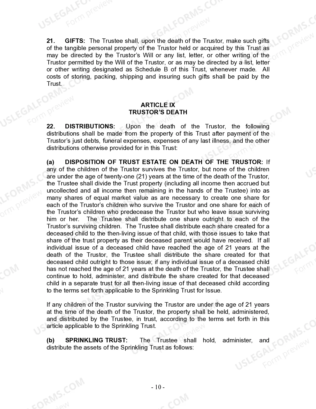 Preview Living Trust for Individual Who is Single, Divorced or Widow or Widower with Children