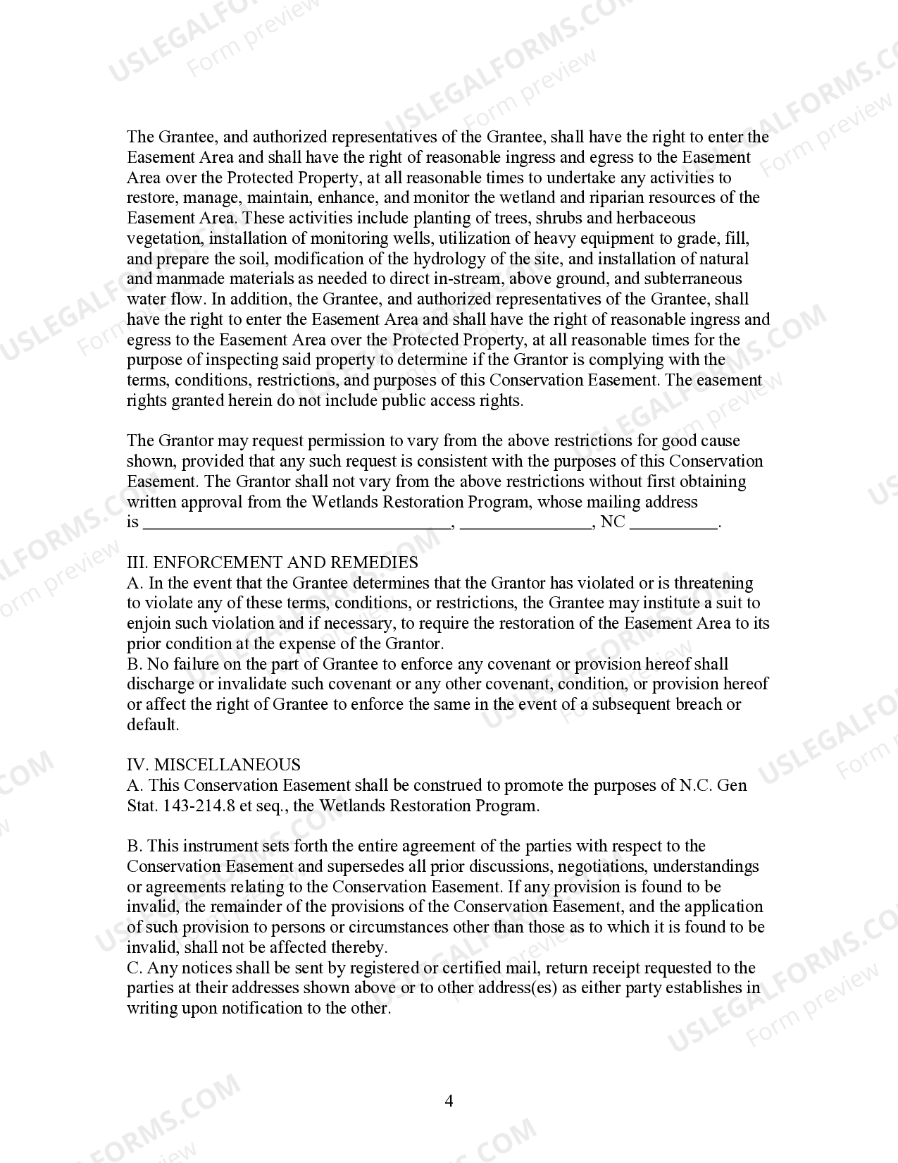 North Carolina Conservation Easement for Habitat and Water Quality