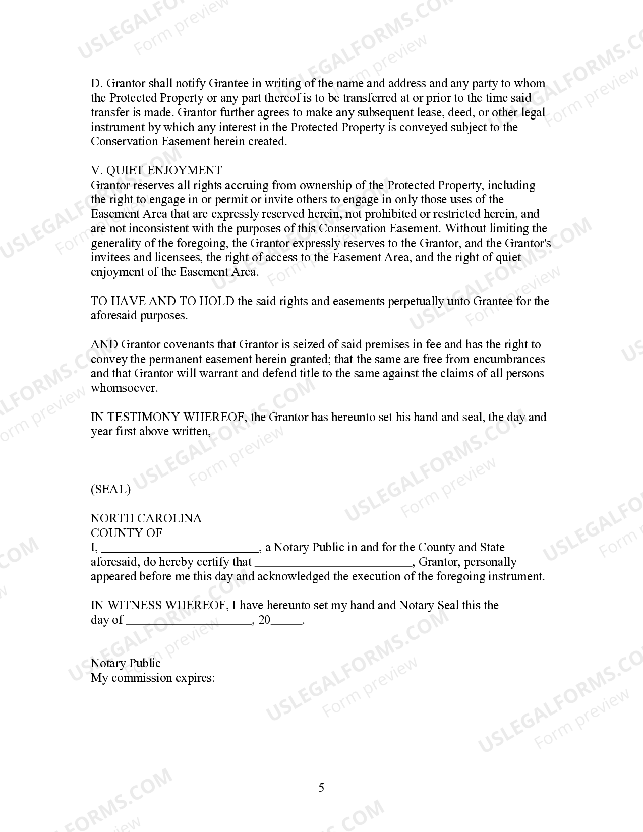 North Carolina Conservation Easement for Habitat and Water Quality