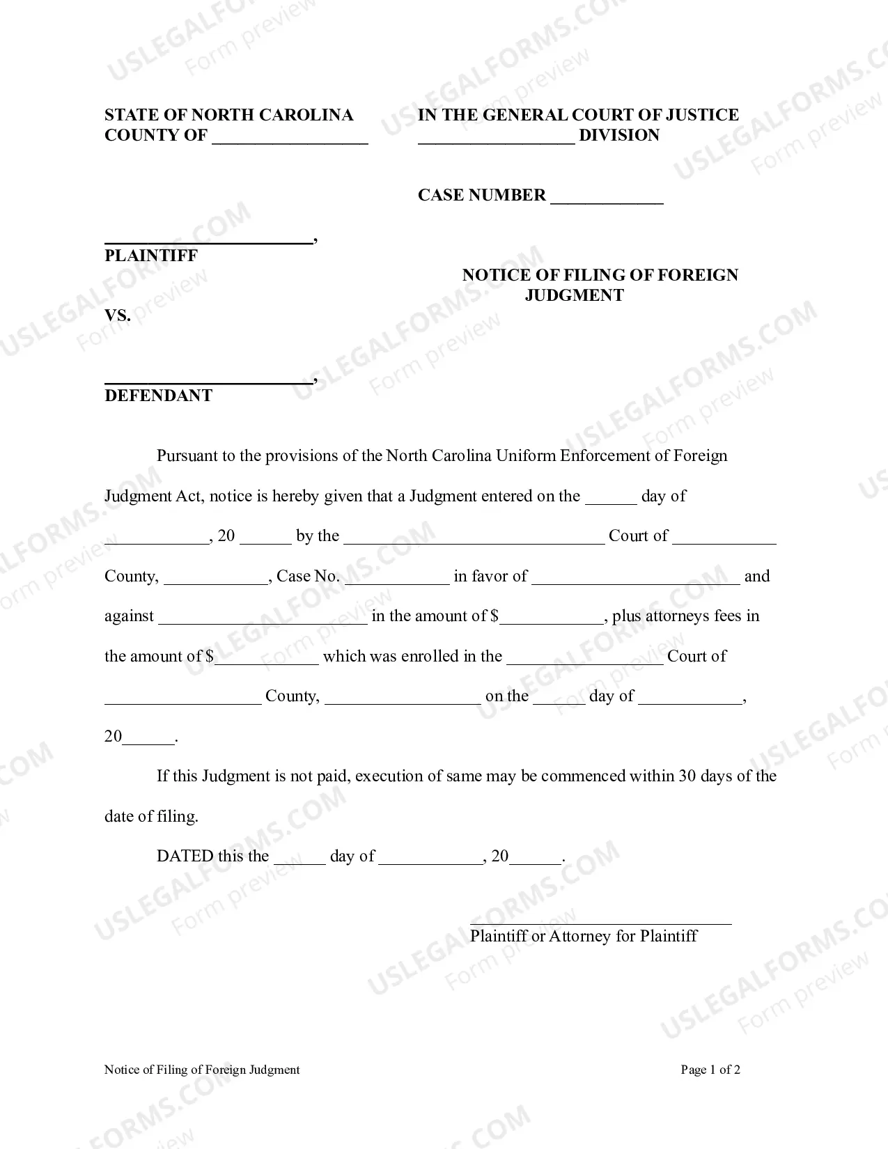 Preview North Carolina Foreign Judgment Enrollment