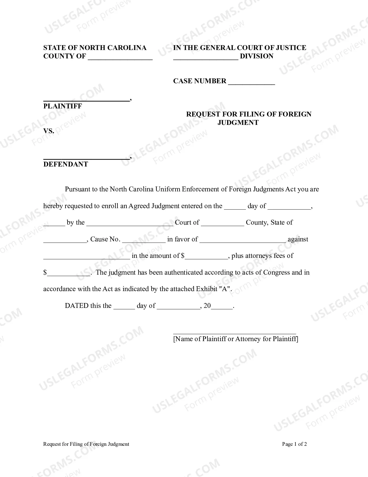 Preview North Carolina Foreign Judgment Enrollment