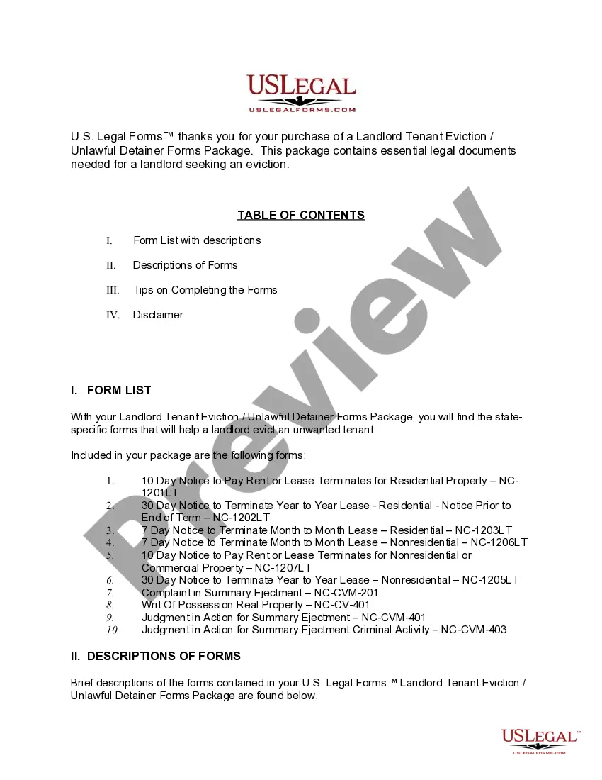 Get North Carolina Landlord Tenant Eviction / Unlawful Detainer Forms Package Preview North Carolina Landlord Tenant Eviction / Unlawful Detainer Forms Package