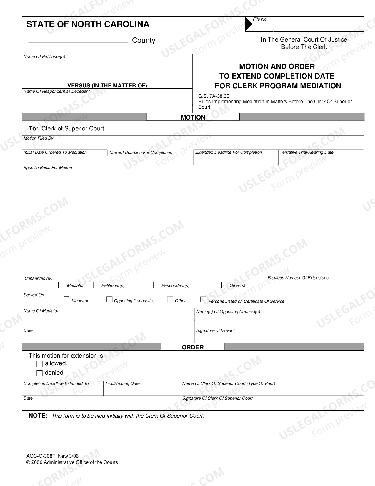 North Carolina Motion and Order to Extend Completion Date for Clerk