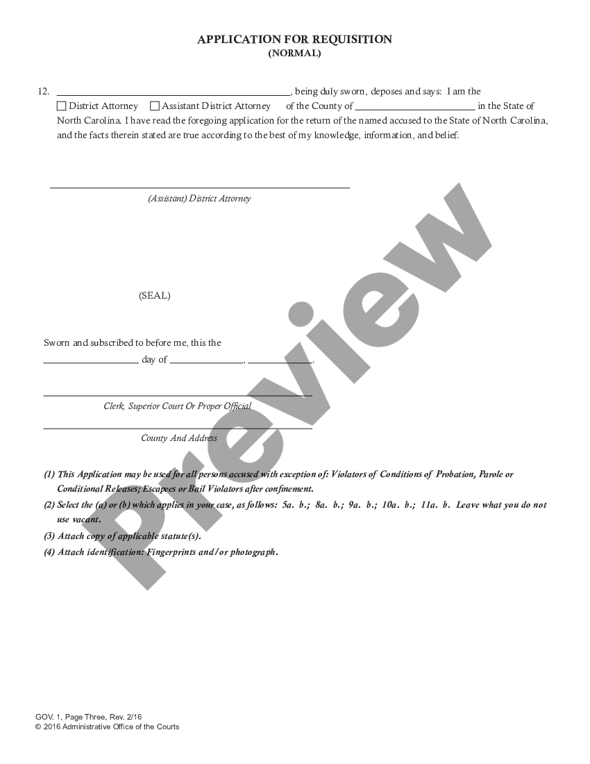 State of North Carolina Application for Requisition US Legal Forms