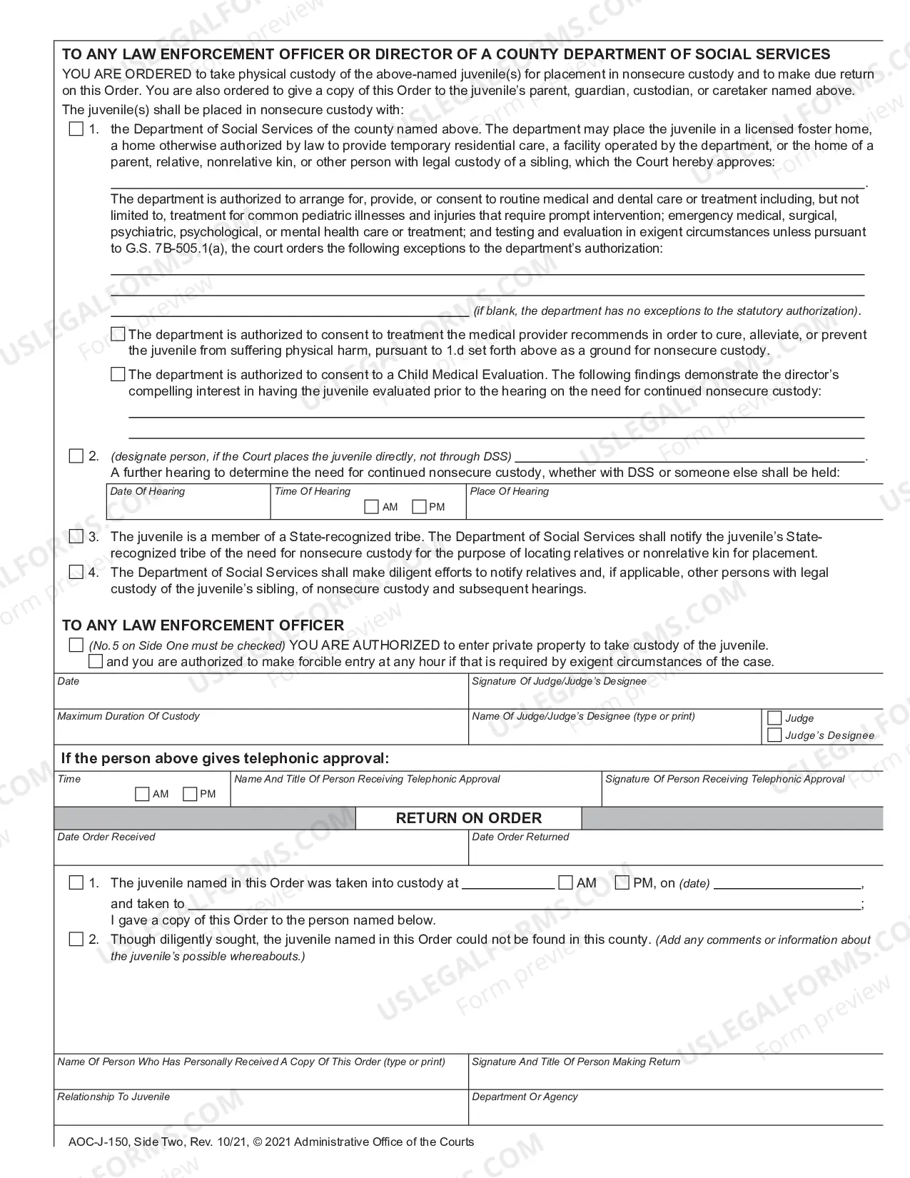 Preview Order for Nonsecure Custody - Abuse - Neglect - Dependency