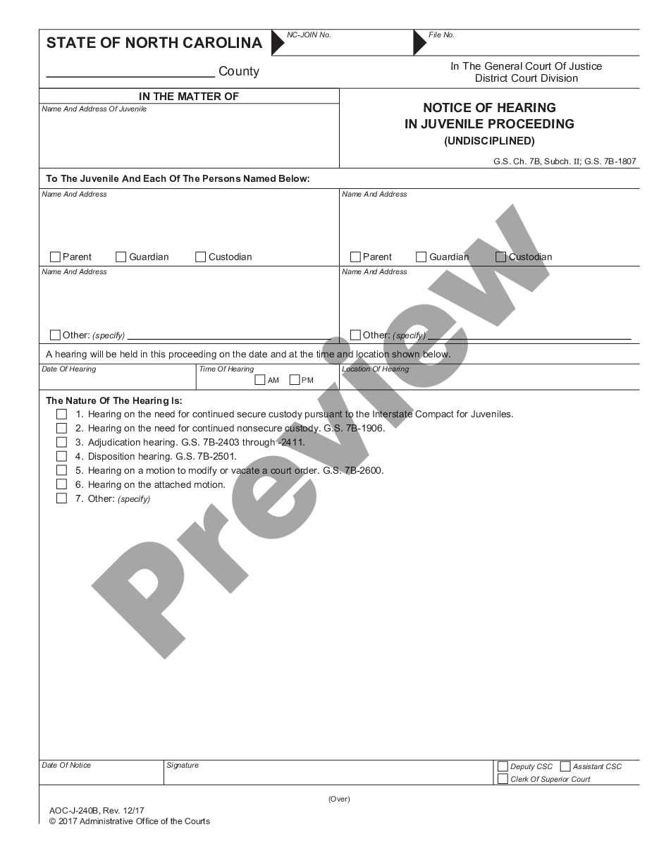page 0 Notice of Hearing in Juvenile Proceeding - Undisciplined Delinquent preview