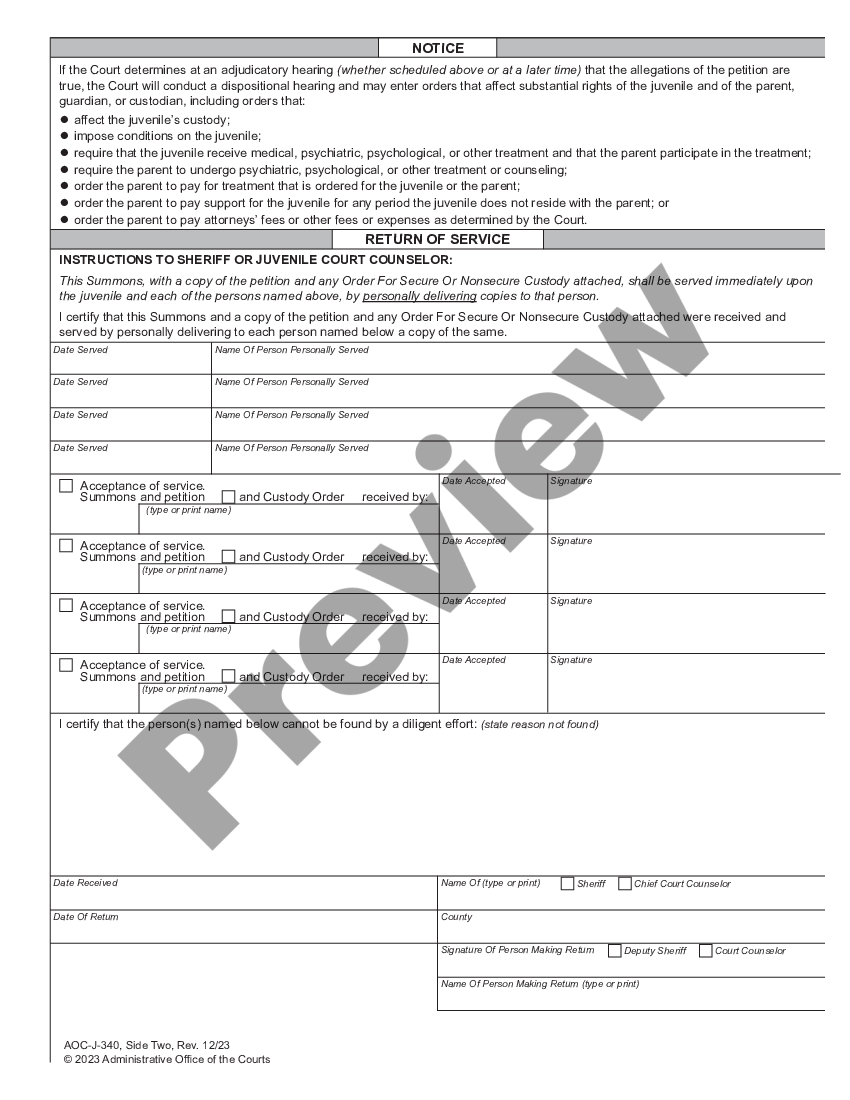 North Carolina Juvenile Summons and Notice of Hearing - What Is A ...