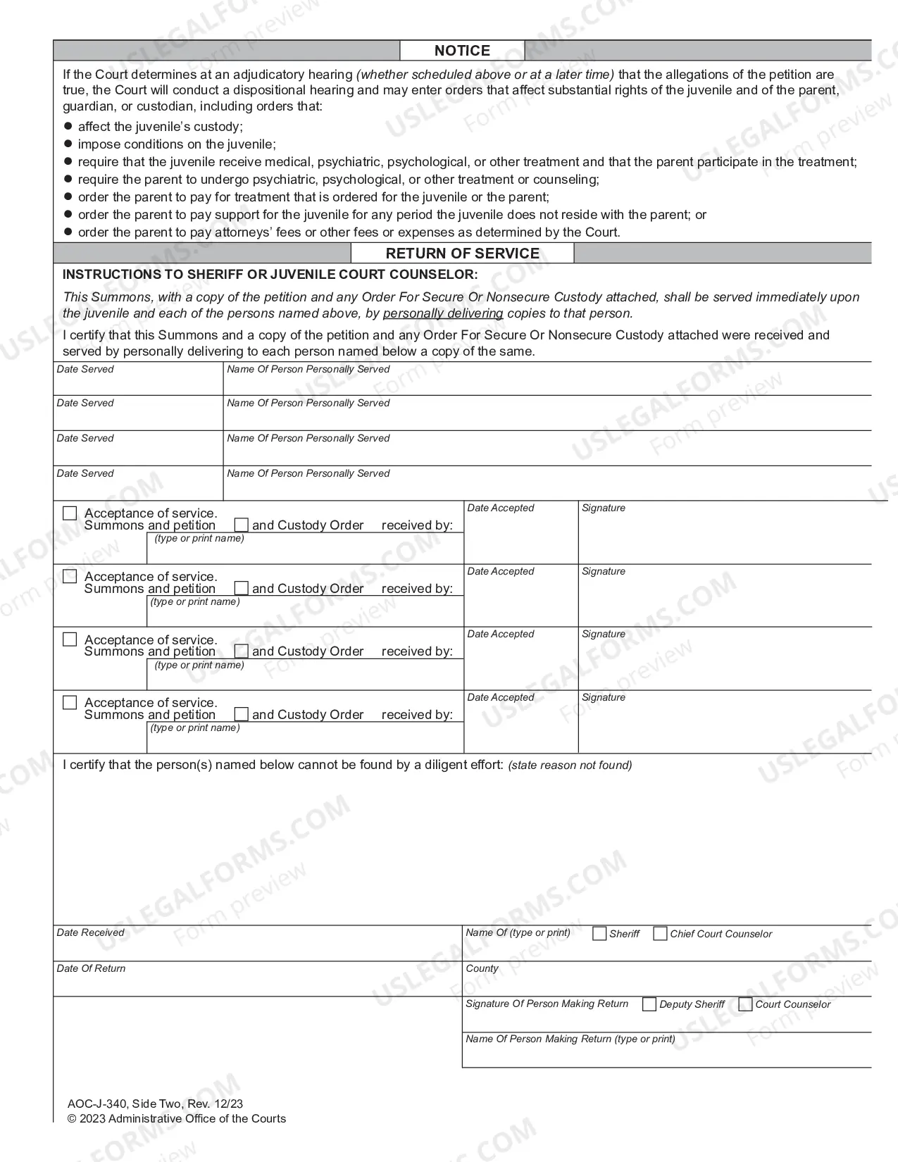 Preview Juvenile Summons and Notice of Hearing - Undisciplined Delinquent