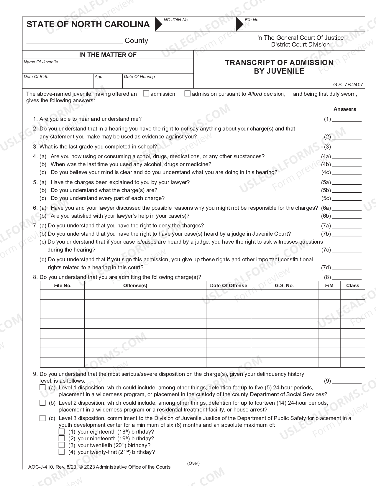 Cary North Carolina Transcript of Hearing by Juvenile | US Legal Forms