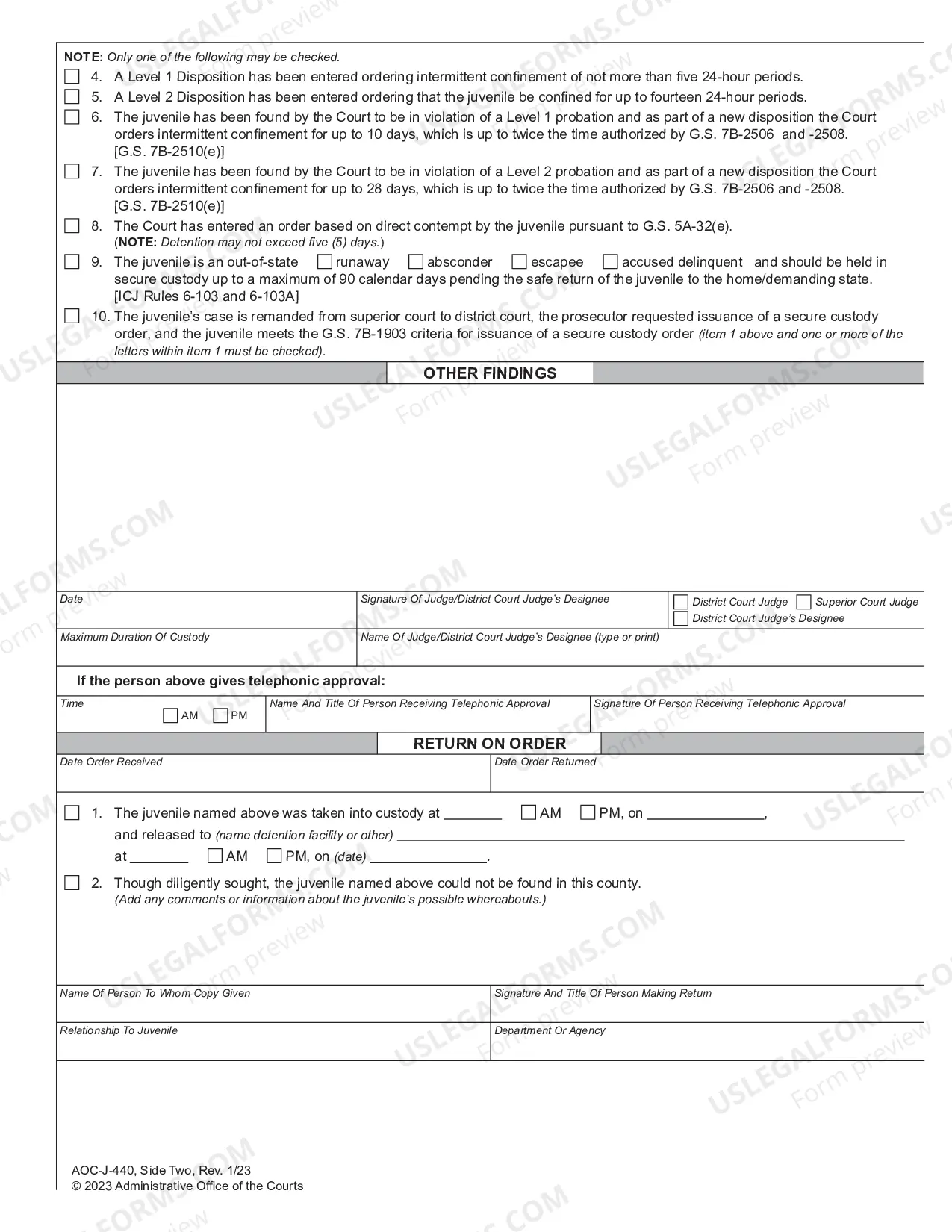Preview Order for Secure Custody - Undisciplined - Delinquent