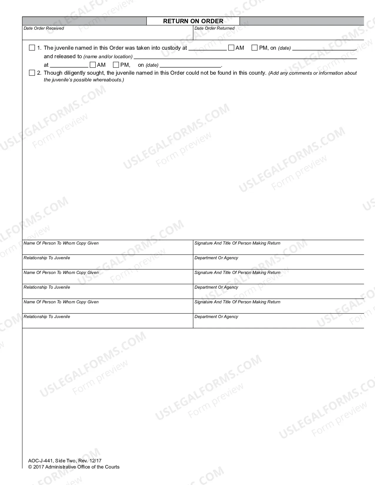 Preview Order for Nonsecure Custody - Undisciplined - Delinquent