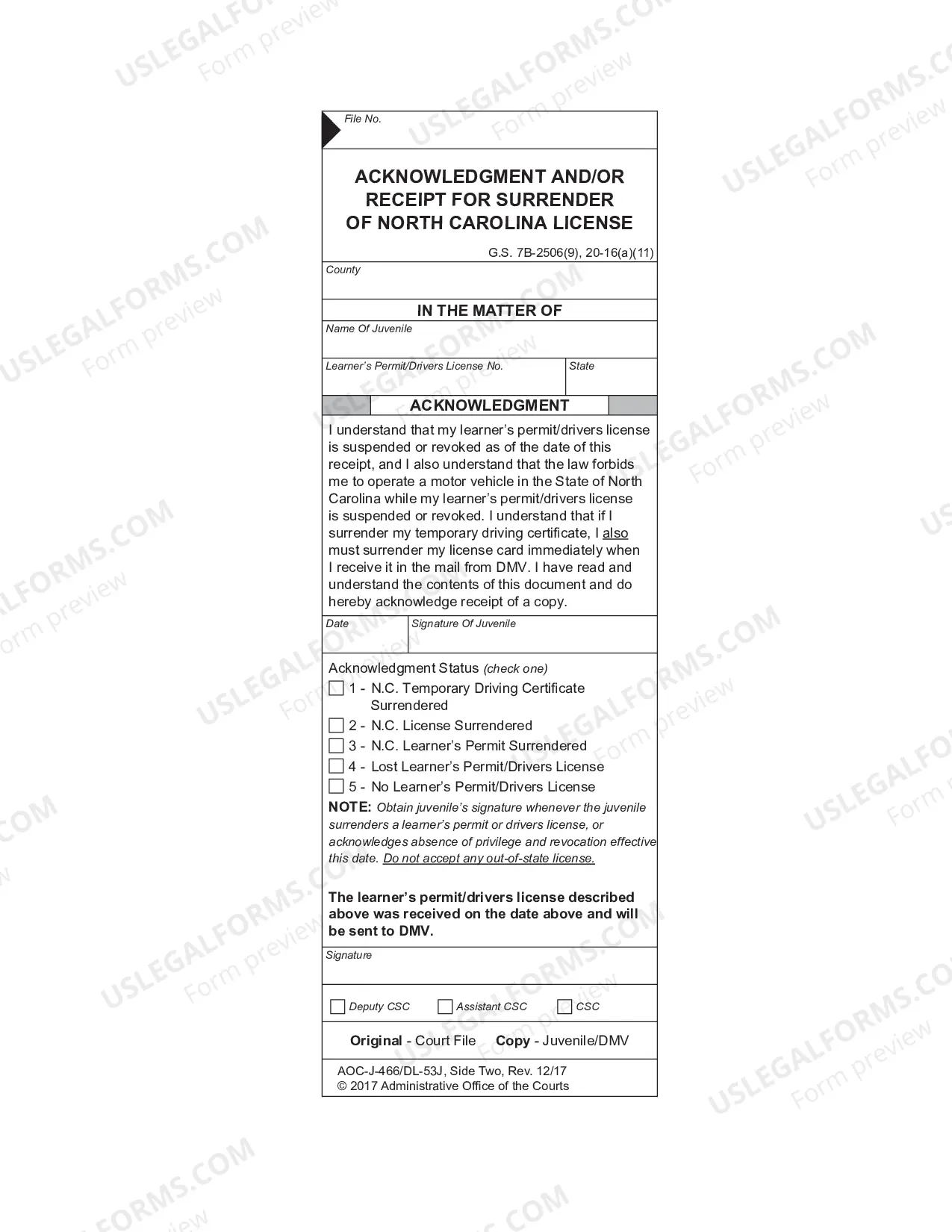 Preview Order and Notice that Juvenile Not Be Licensed to Operate Motor Vehicle