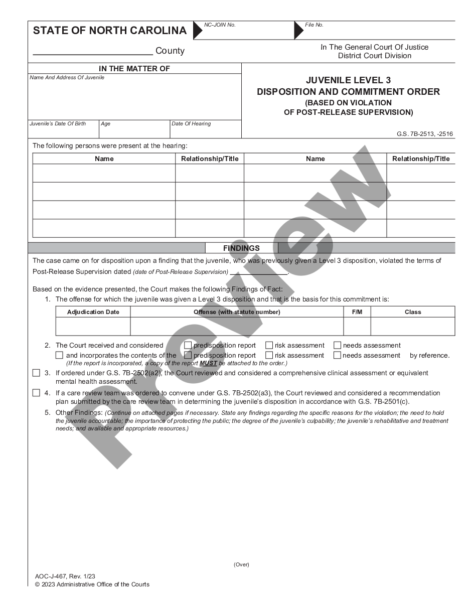 page 0 Juvenile Level 3 Disposition and Commitment Order in Violation of Post Release Supervision preview