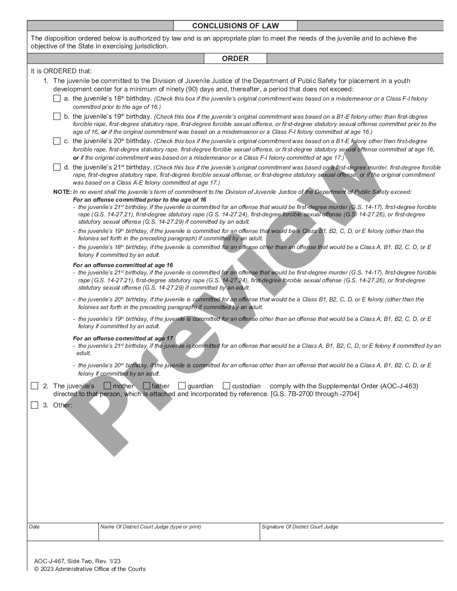 page 1 Juvenile Level 3 Disposition and Commitment Order in Violation of Post Release Supervision preview