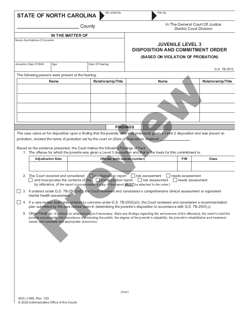 page 0 Juvenile Level 3 Disposition and Commitment Order in Violation of Probation preview