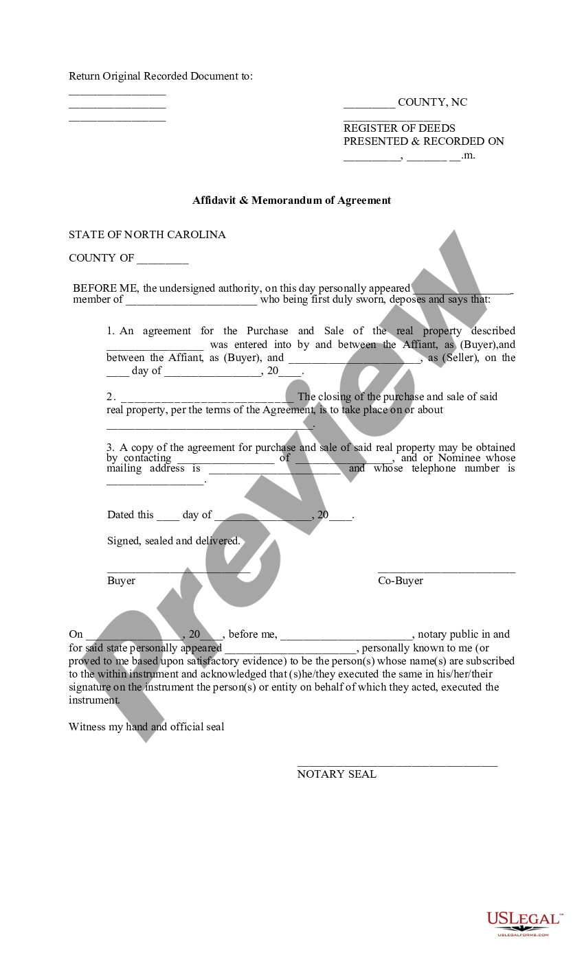 Winston–Salem North Carolina Affidavit and Memorandum of Agreement ...