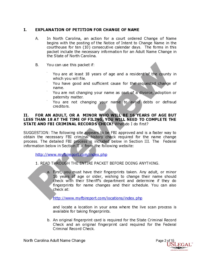 Preview North Carolina Name Change Instructions and Forms Package for an Adult