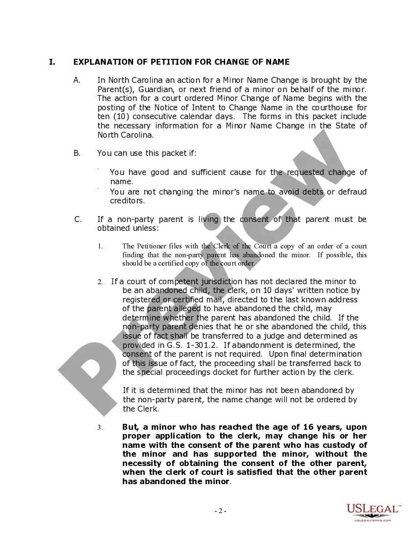 Preview North Carolina Name Change Instructions and Forms Package for a Minor