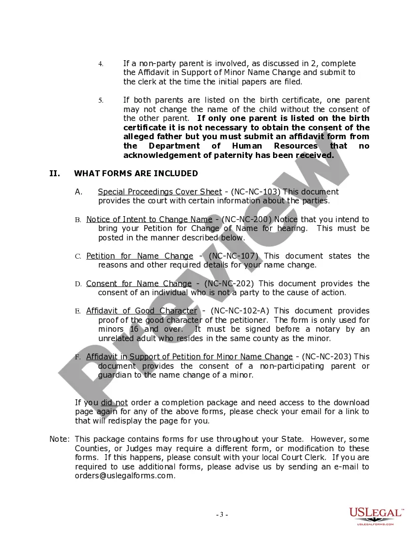 Preview North Carolina Name Change Instructions and Forms Package for a Minor