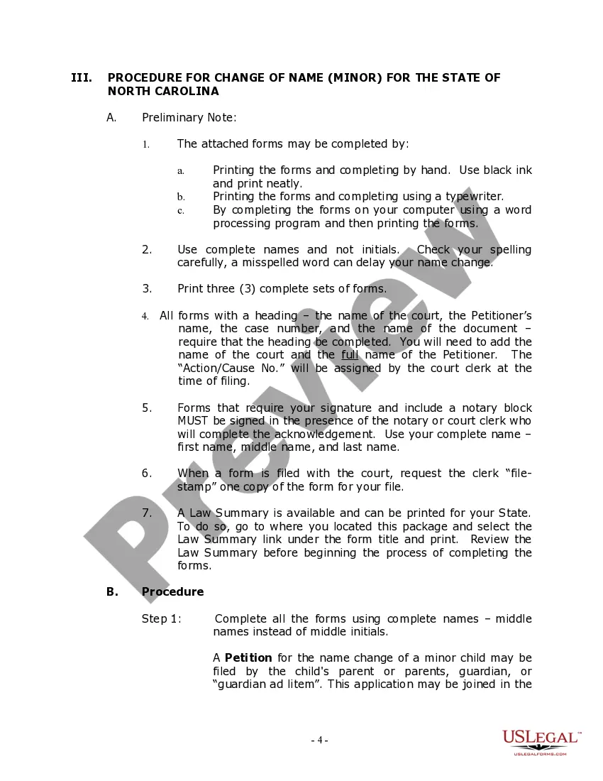 Preview North Carolina Name Change Instructions and Forms Package for a Minor