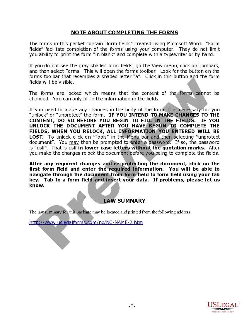 Preview North Carolina Name Change Instructions and Forms Package for a Minor
