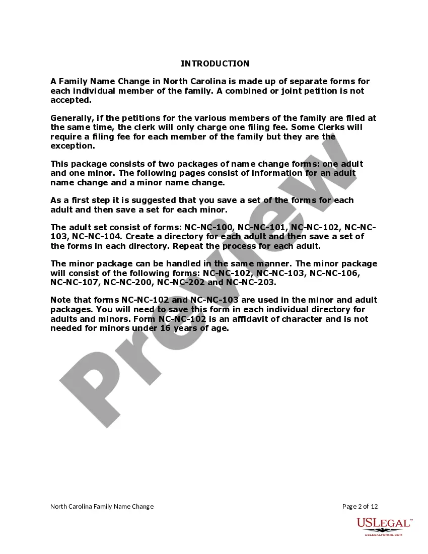 Preview North Carolina Name Change Instructions and Forms Package for a Family