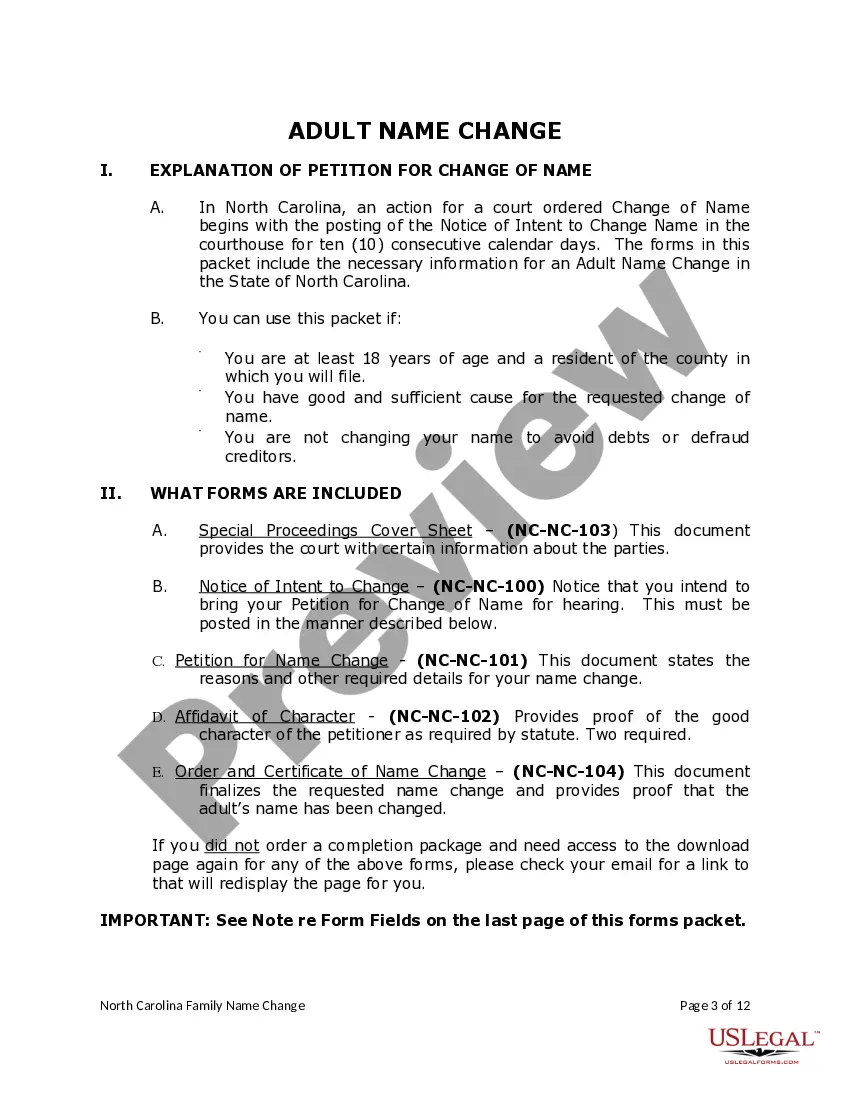 Preview North Carolina Name Change Instructions and Forms Package for a Family