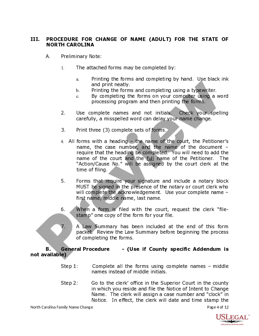 Preview North Carolina Name Change Instructions and Forms Package for a Family