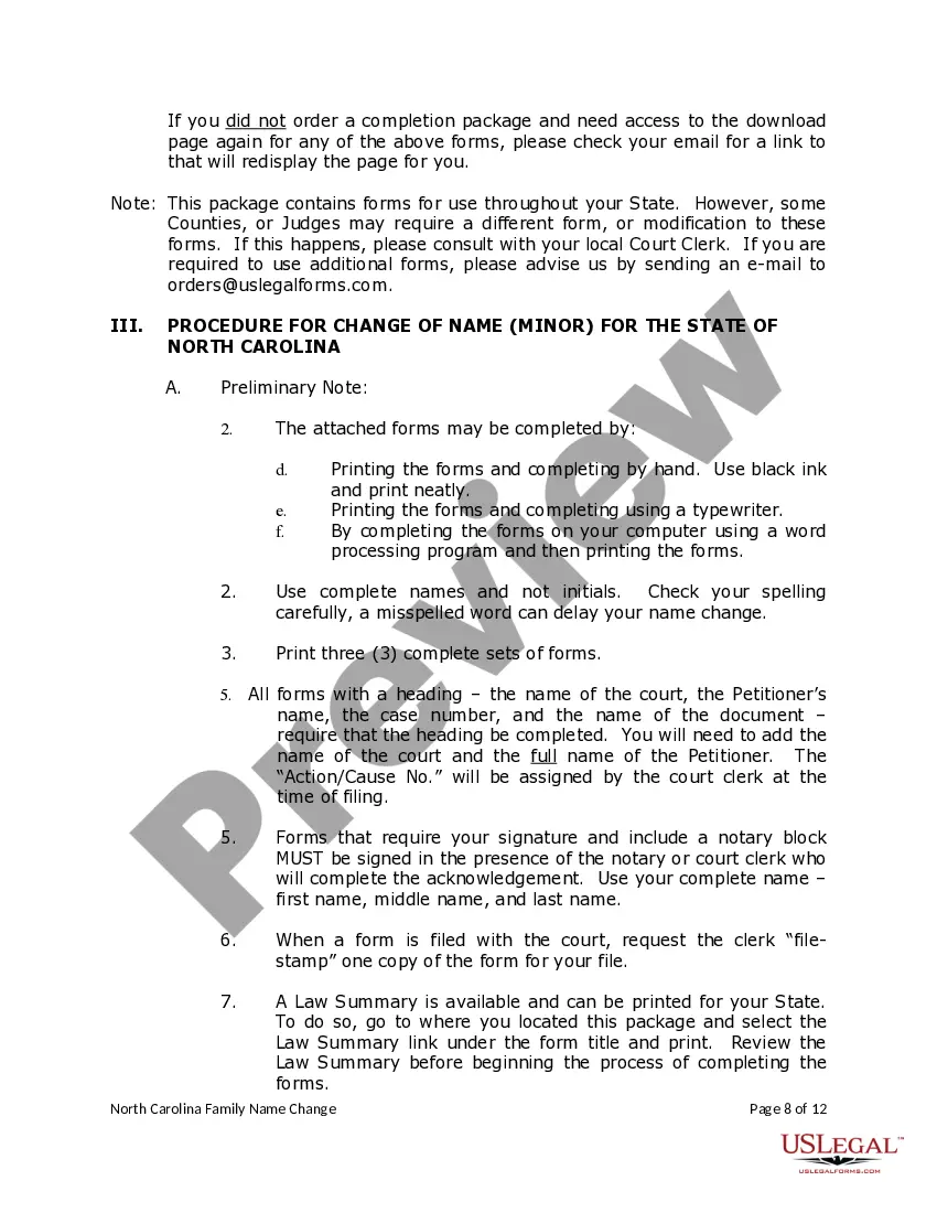 Preview North Carolina Name Change Instructions and Forms Package for a Family