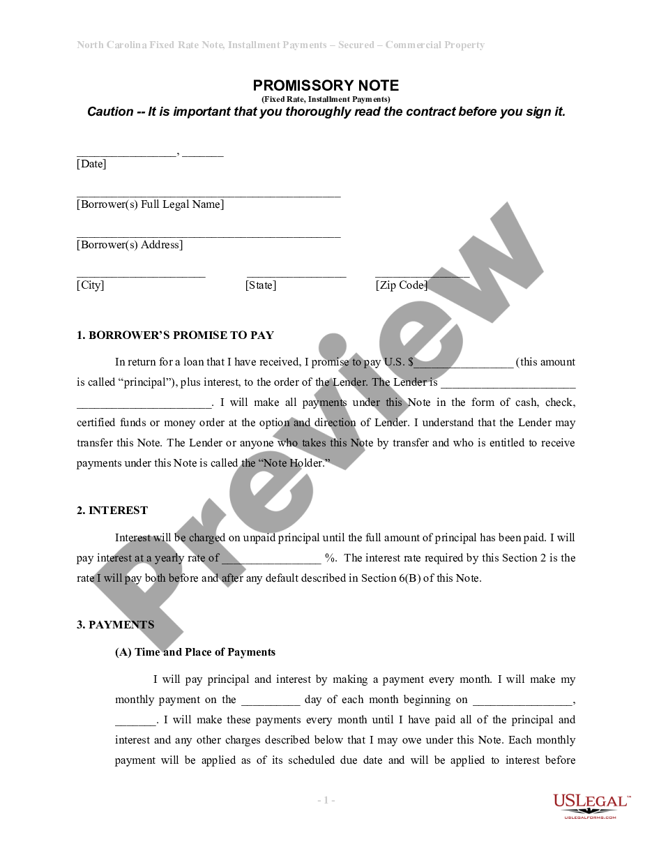 page 0 North Carolina Installments Fixed Rate Promissory Note Secured by Commercial Real Estate preview