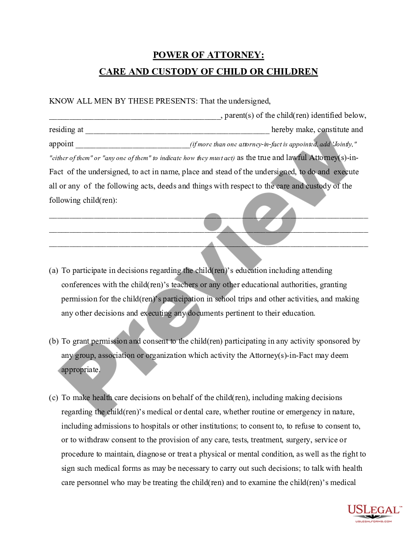 page 0 General Power of Attorney for Care and Custody of Child or Children preview