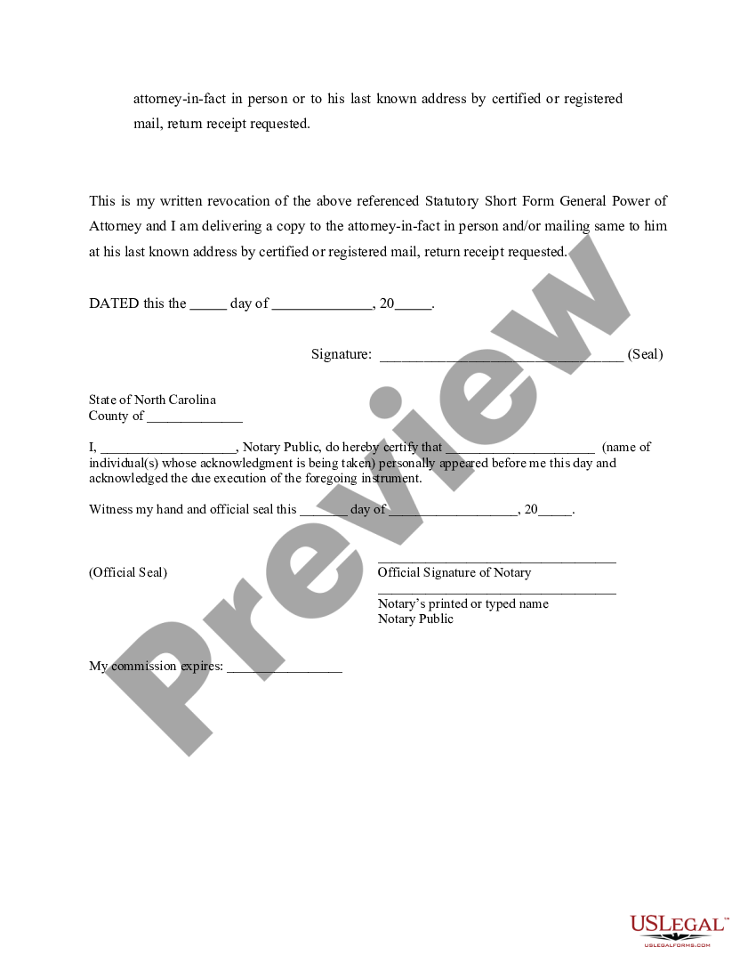 High Point North Carolina Revocation Of Statutory General Power Of Attorney Us Legal Forms 7473