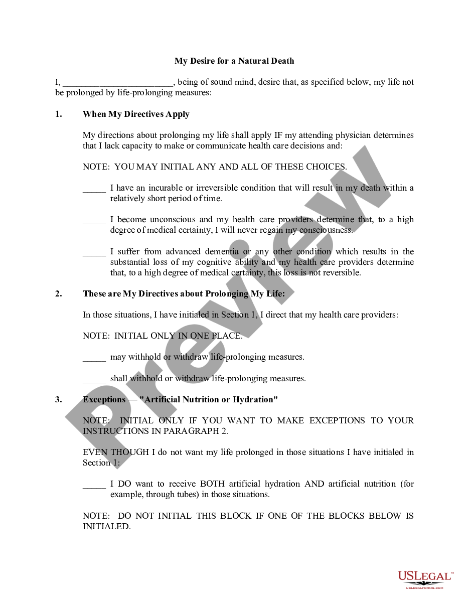 page 1 Statutory Living Will - Advance Directive for a Natural Death preview