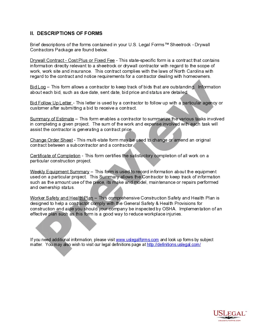 Preview North Carolina Sheetrock Drywall Contractor Package