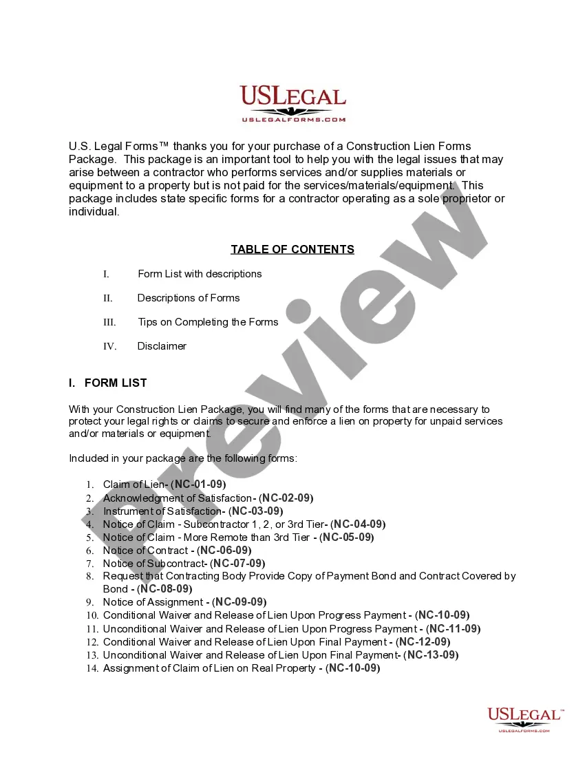 Preview North Carolina Construction or Mechanics Lien Package - Individual