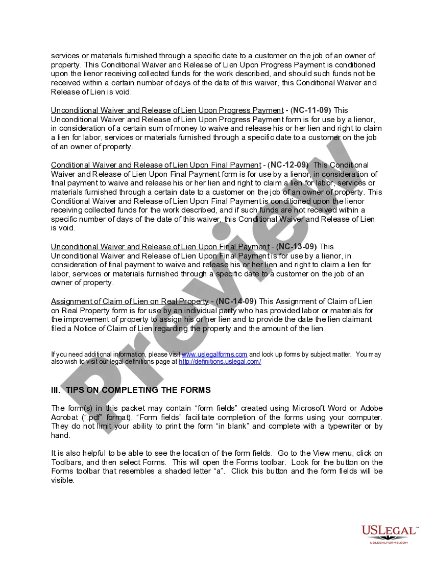 Preview North Carolina Construction or Mechanics Lien Package - Individual