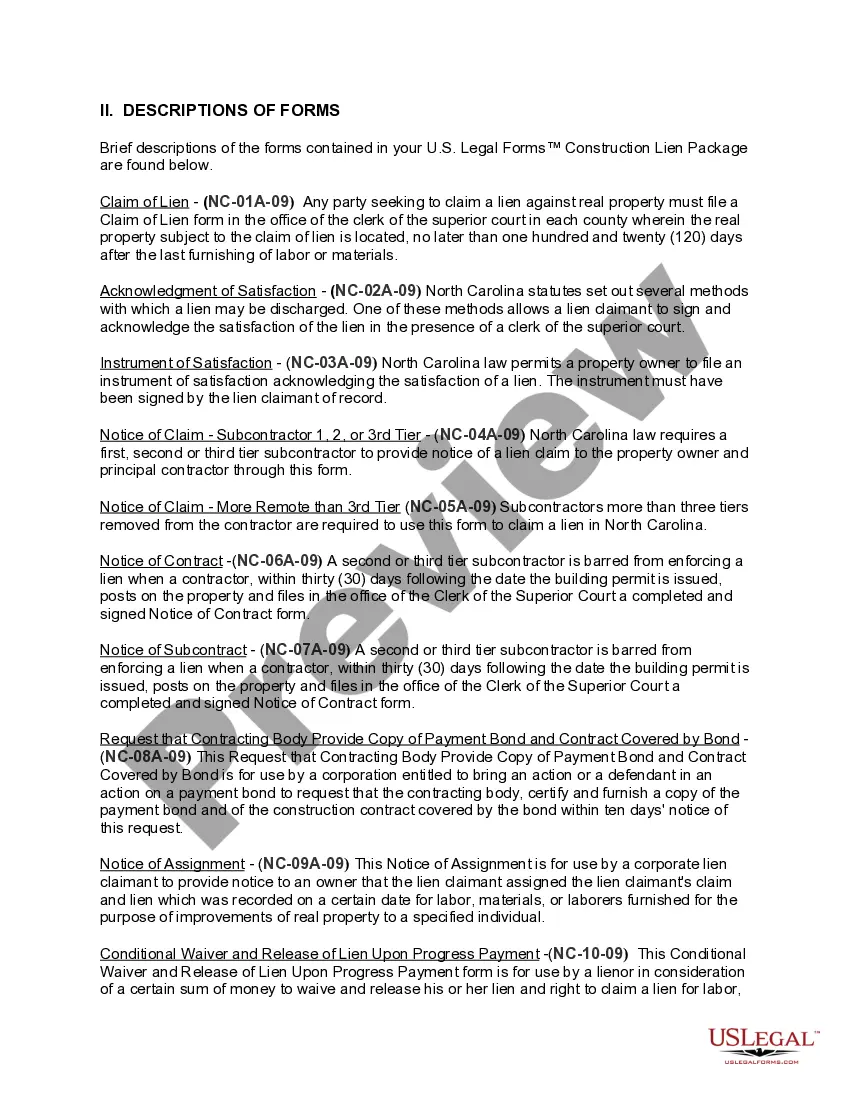Preview North Carolina Construction or Mechanics Lien Package - Corporation or LLC