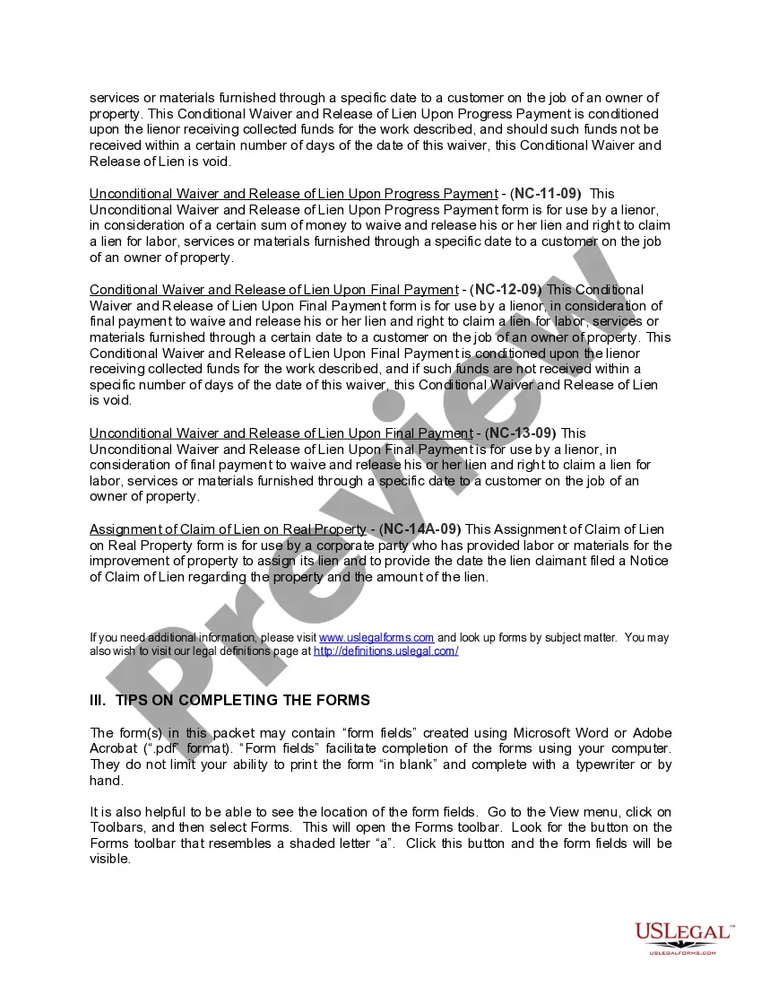 Preview North Carolina Construction or Mechanics Lien Package - Corporation or LLC