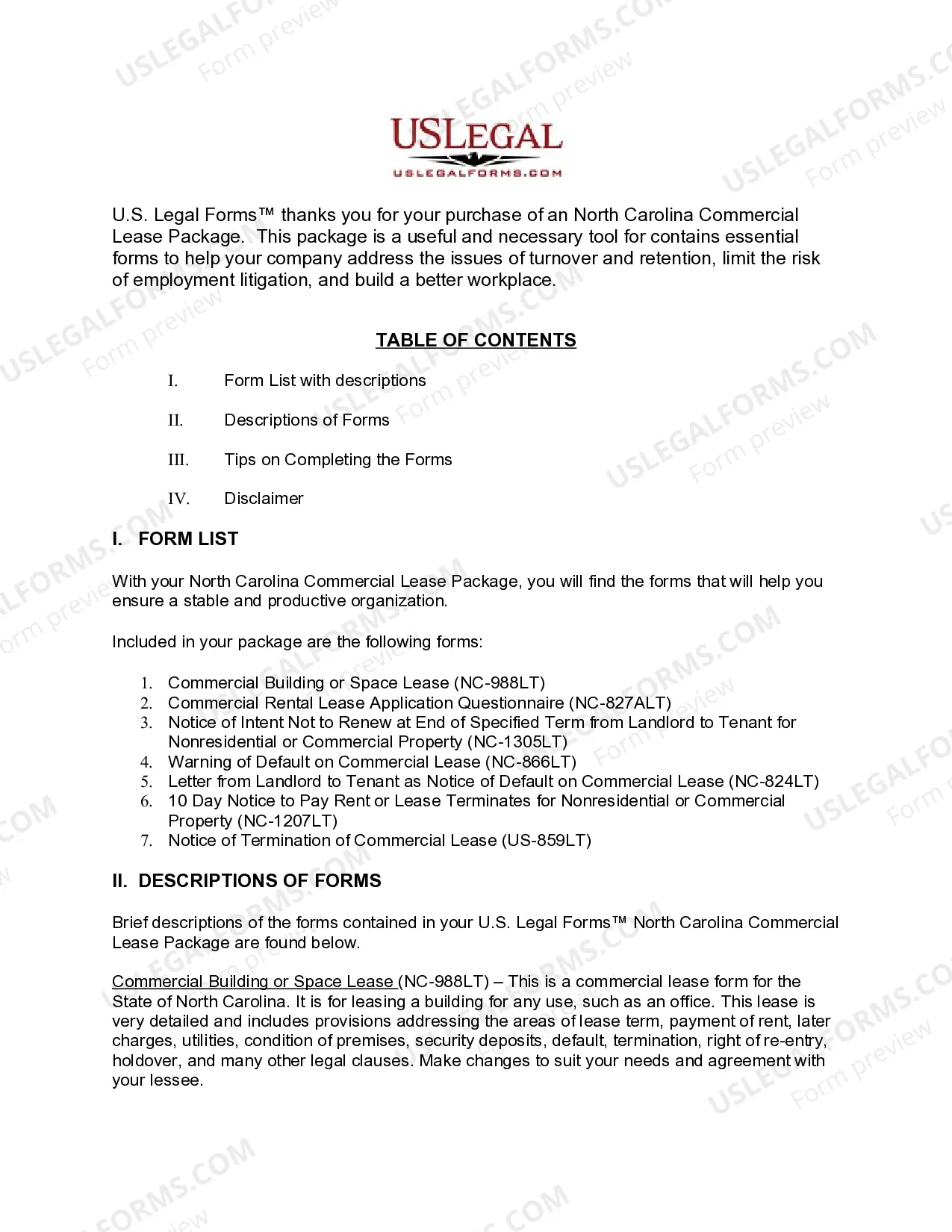 Preview North Carolina Commercial Lease Package