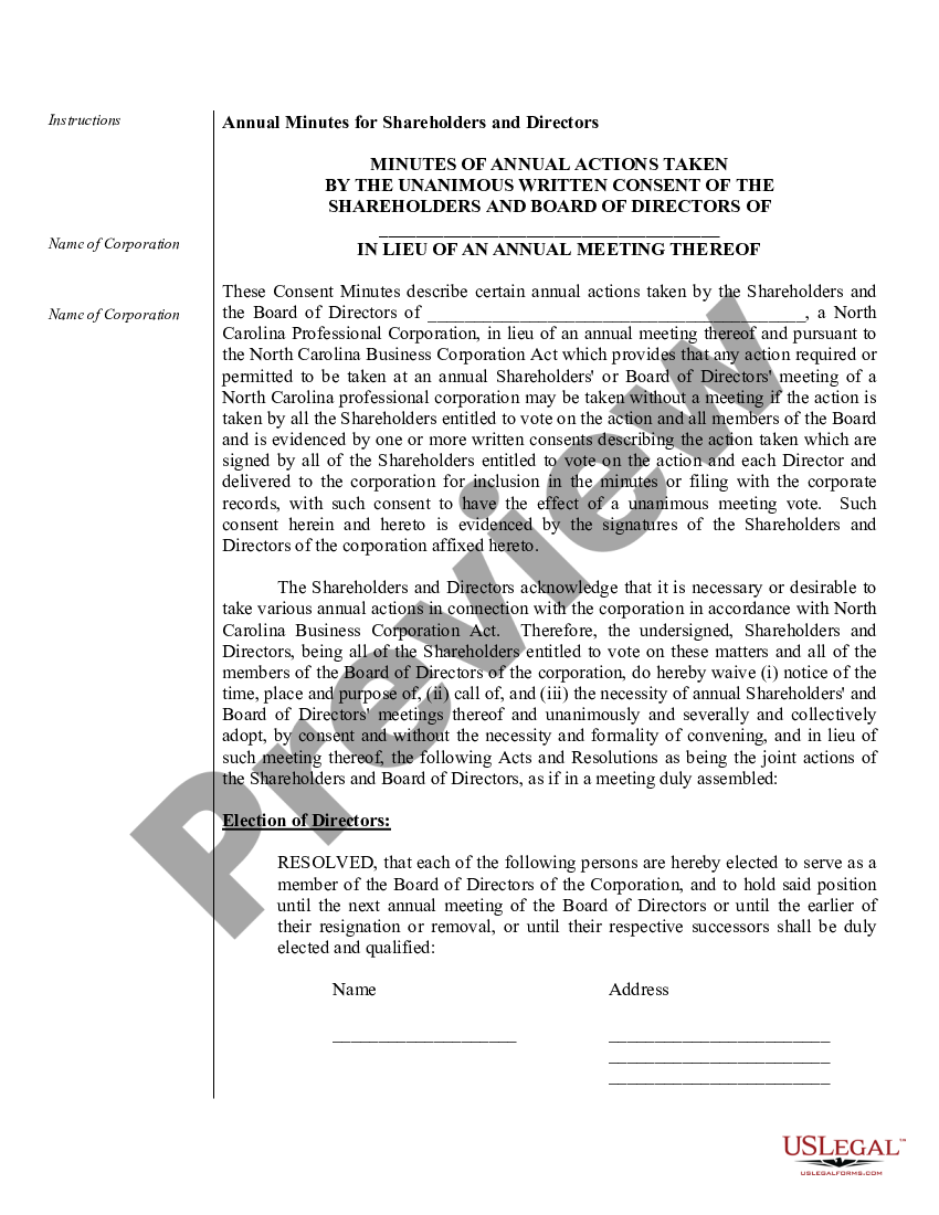 page 1 Annual Minutes for a North Carolina Professional Corporation preview