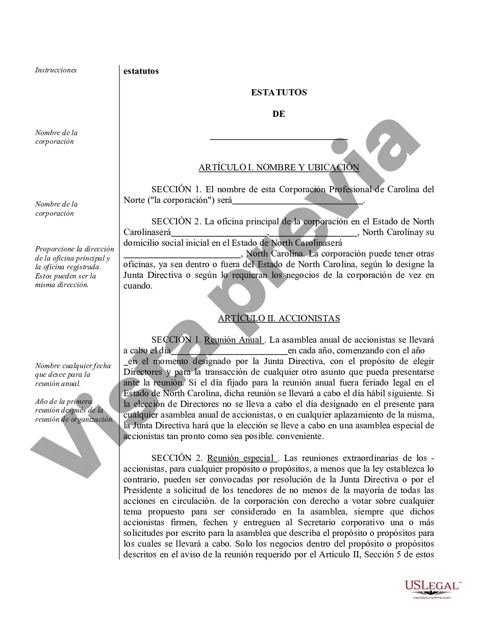 Preview Modelo de estatutos para una corporación profesional de Carolina del Norte