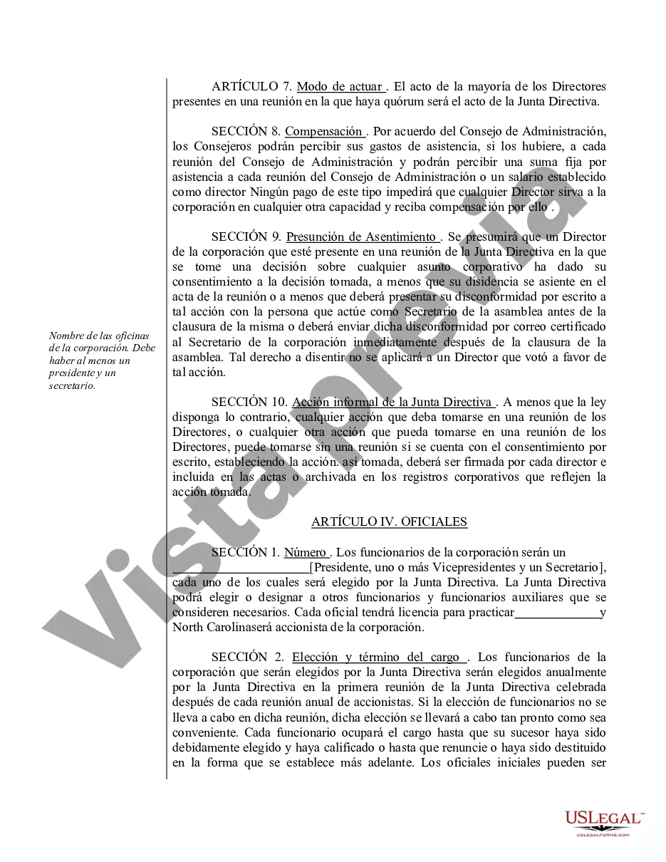 Preview Modelo de estatutos para una corporación profesional de Carolina del Norte