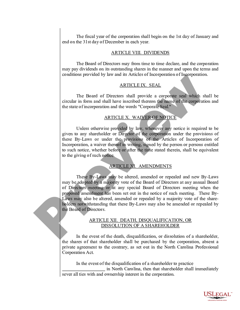 page 9 Sample Bylaws for a North Carolina Professional Corporation preview