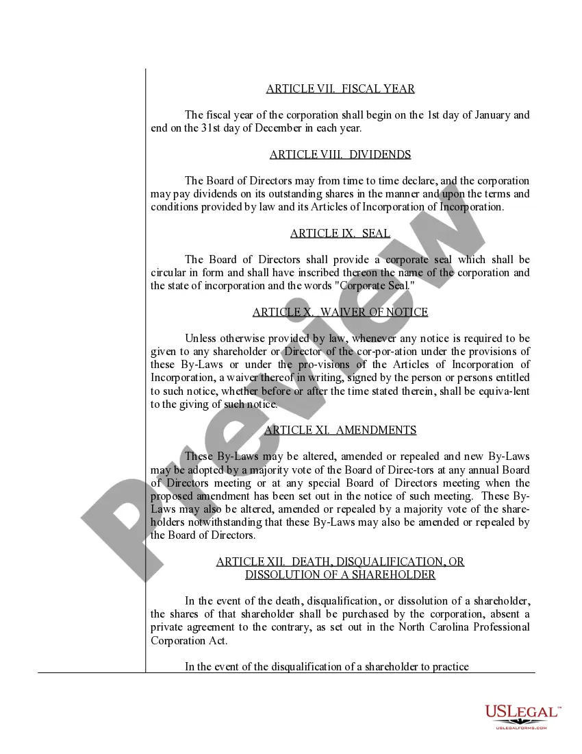 Preview Sample Bylaws for a North Carolina Professional Corporation